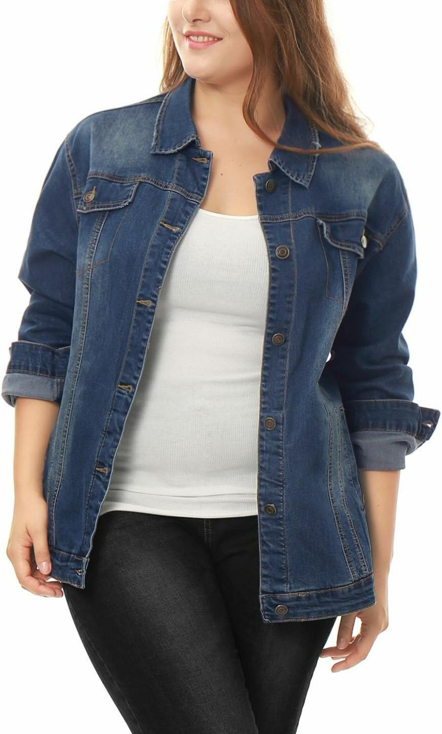 uxcell Uxcell Women'S Plus Size Stitching Button Front Washed Denim Jacket | Coats, Jackets & Vests