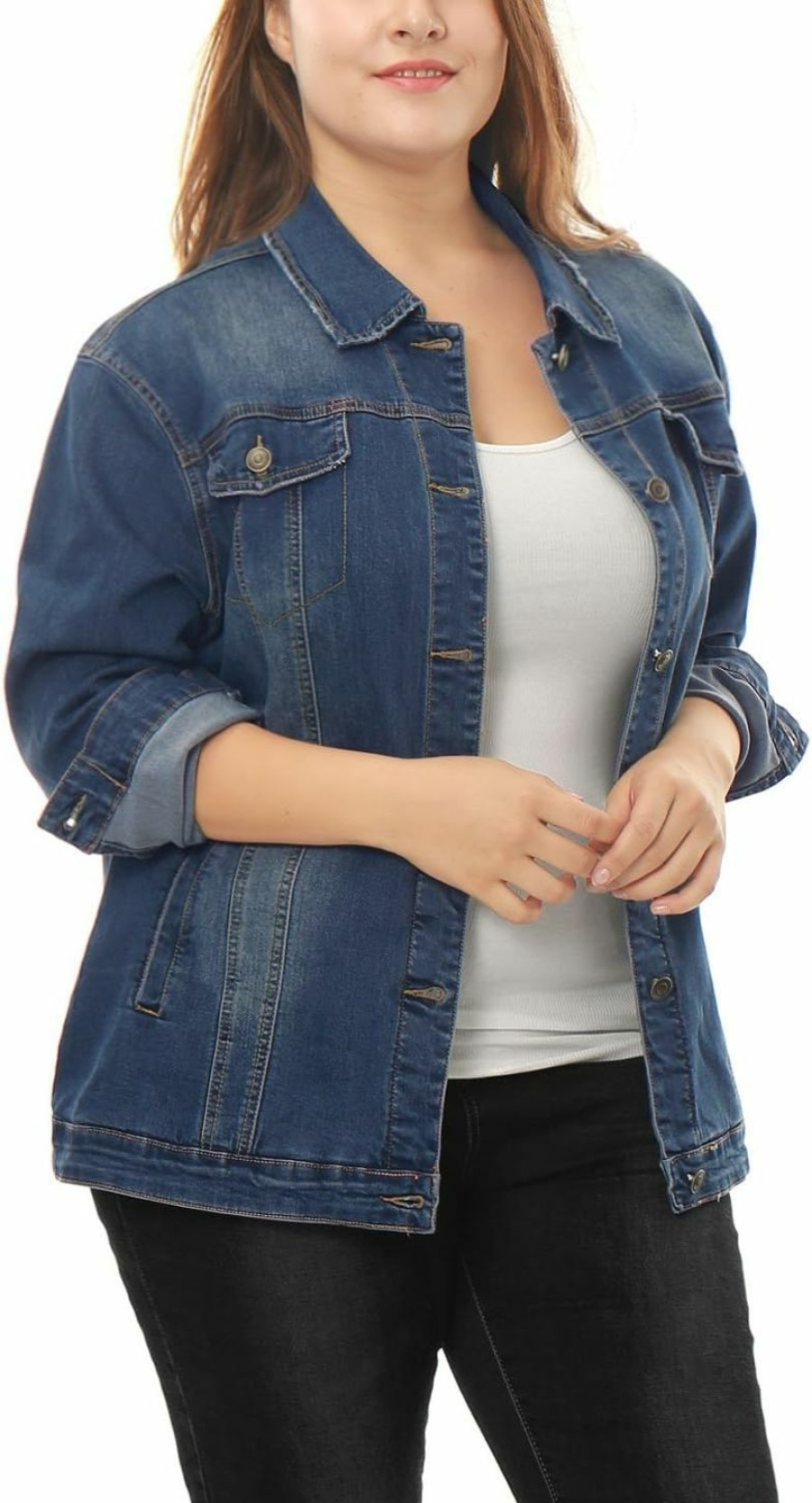 uxcell Uxcell Women'S Plus Size Stitching Button Front Washed Denim Jacket | Coats, Jackets & Vests