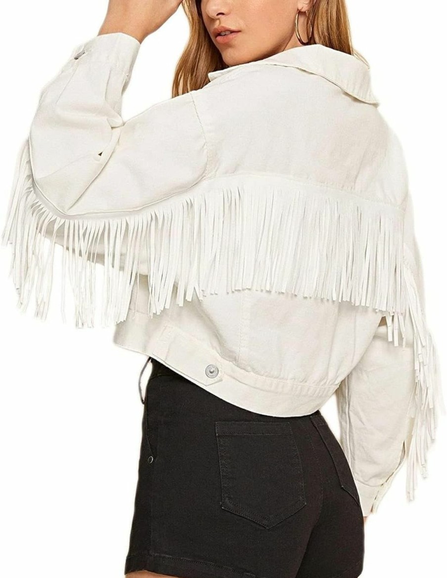 CHARTOU Chartou Women'S Chic Button Down Tassel Fringe Denim Jean Cropped Jacket | Coats, Jackets & Vests