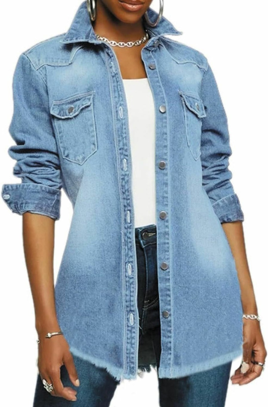 DvaeMalligo Dvaemalligo Distressed Jean Jacket For Women Ripped Long Sleeve Oversized Denim Trucker Jackets | Coats, Jackets & Vests