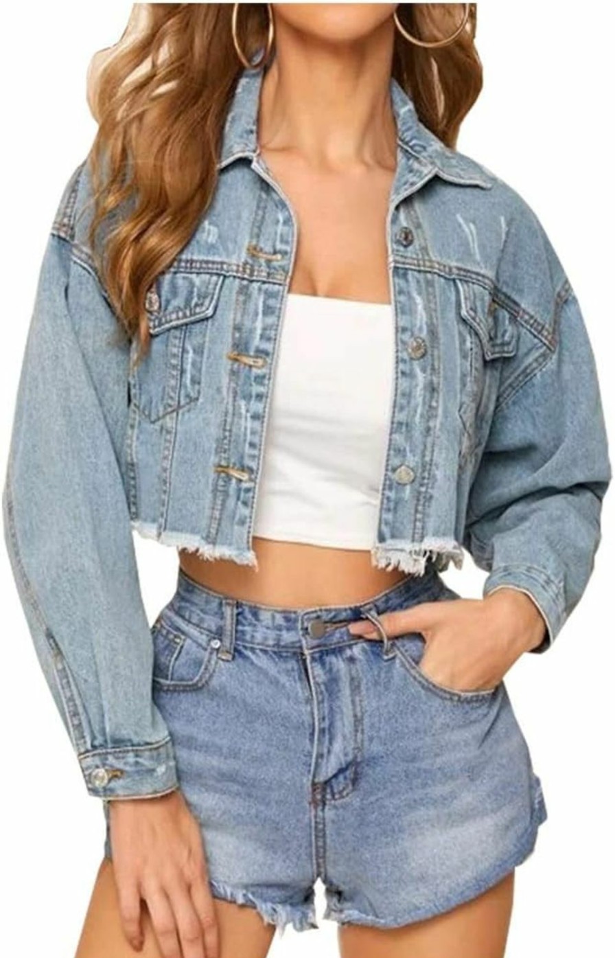 LifeShe Lifeshe Women Cropped Ripped Distressed Denim Jean Jacket Coat Fringe With Frayed Hem | Coats, Jackets & Vests