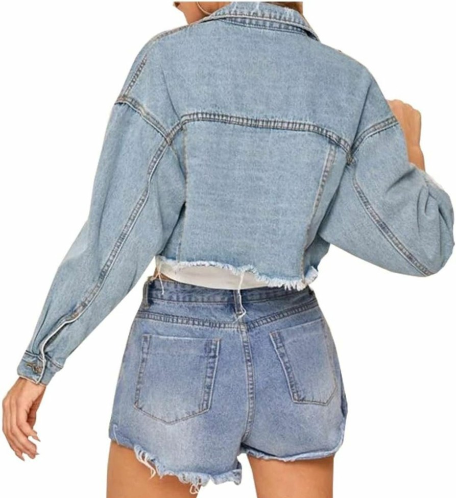 LifeShe Lifeshe Women Cropped Ripped Distressed Denim Jean Jacket Coat Fringe With Frayed Hem | Coats, Jackets & Vests