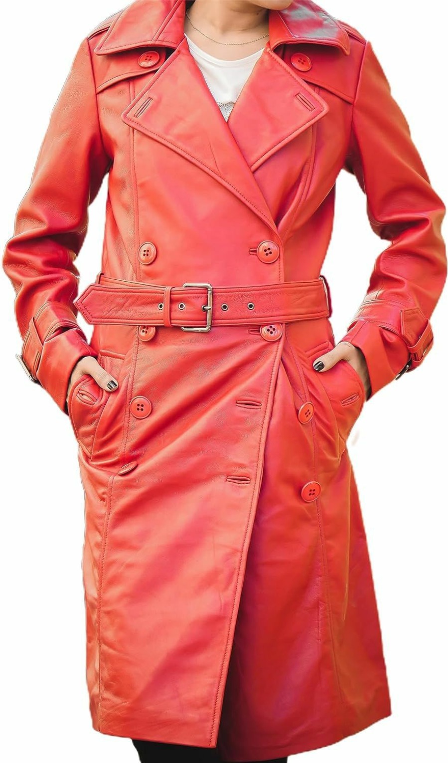 Jild Double Breasted Premium Leather Trench Coats For Women - Classic Lapel Car Coat Style Long Leather Jacket Women With Belt | Coats, Jackets & Vests