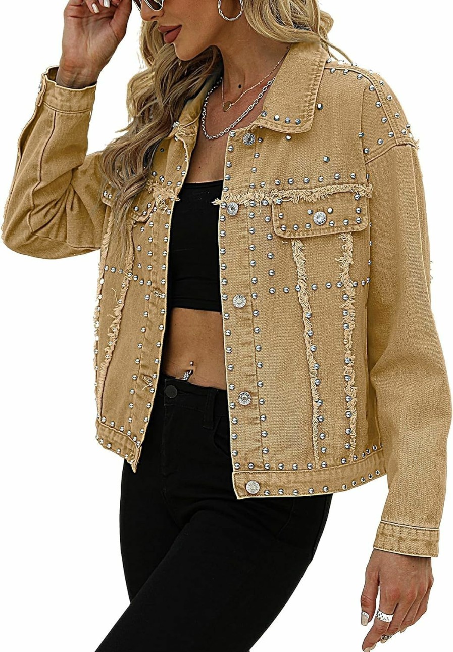 Gozoloma Women'S Fashion Cropped Jean Jacket Lapel Long Sleeve Button Down Studded Short Rivet Denim Jacket Coat | Coats, Jackets & Vests