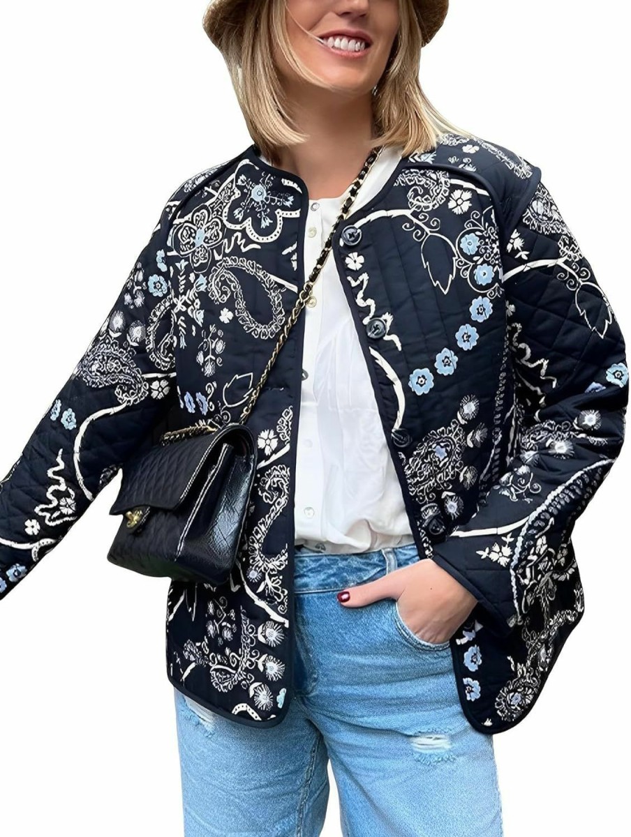 Wyeysyt Women'S Cropped Puffer Jacket Button Up Cardigan Floral Print Long Sleeve Lightweight Open Front Quilted Padded Coat | Coats, Jackets & Vests