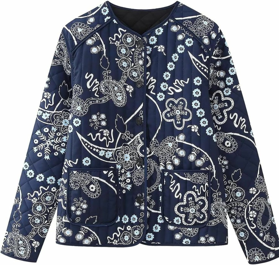 Wyeysyt Women'S Cropped Puffer Jacket Button Up Cardigan Floral Print Long Sleeve Lightweight Open Front Quilted Padded Coat | Coats, Jackets & Vests