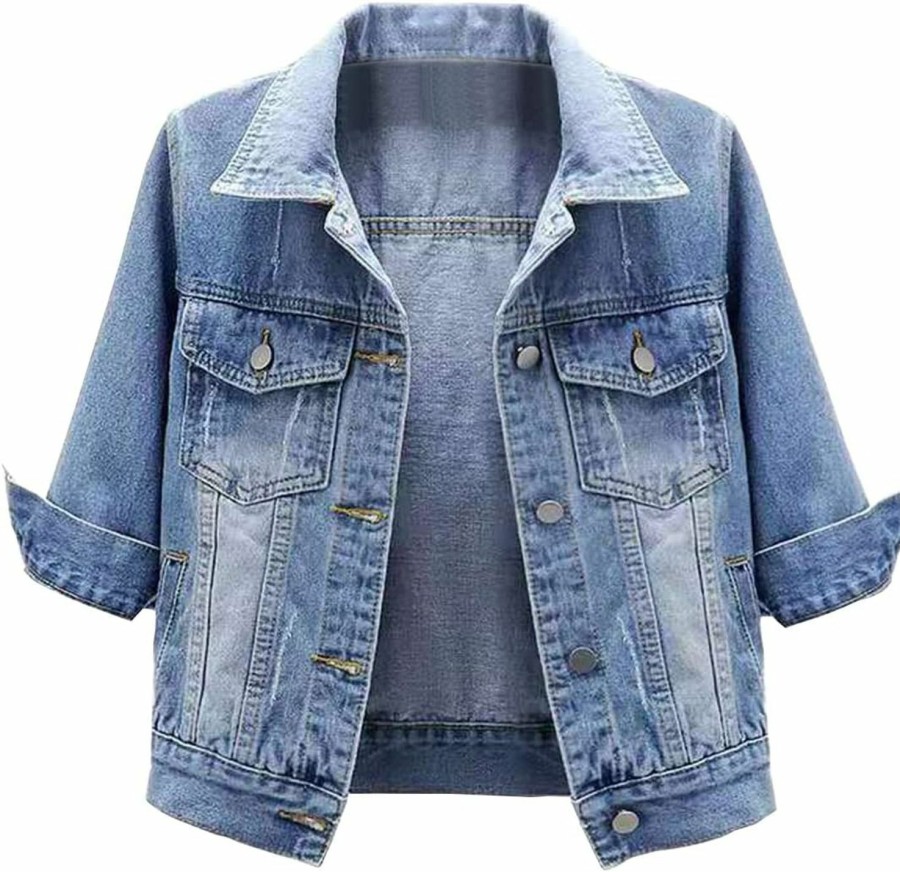 Locachy Locachy Womens 3/4 Sleeve Short Denim Jacket Lapel Button Down Cropped Trucker Jean Jackets Coats | Coats, Jackets & Vests