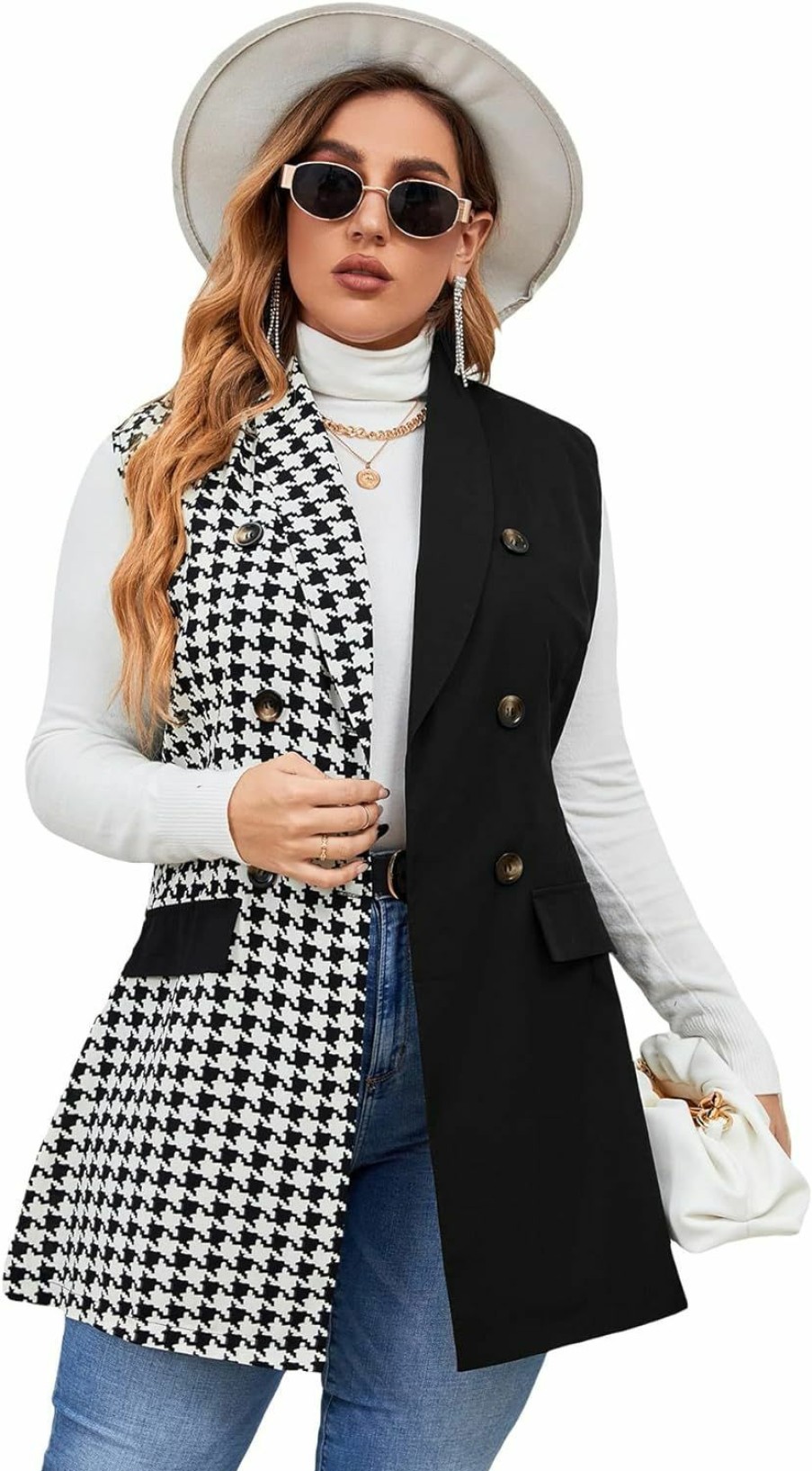 Floerns Floerns Women'S Plus Size Houndstooth Print Colorblock Shawl Collar Vest Blazer | Coats, Jackets & Vests