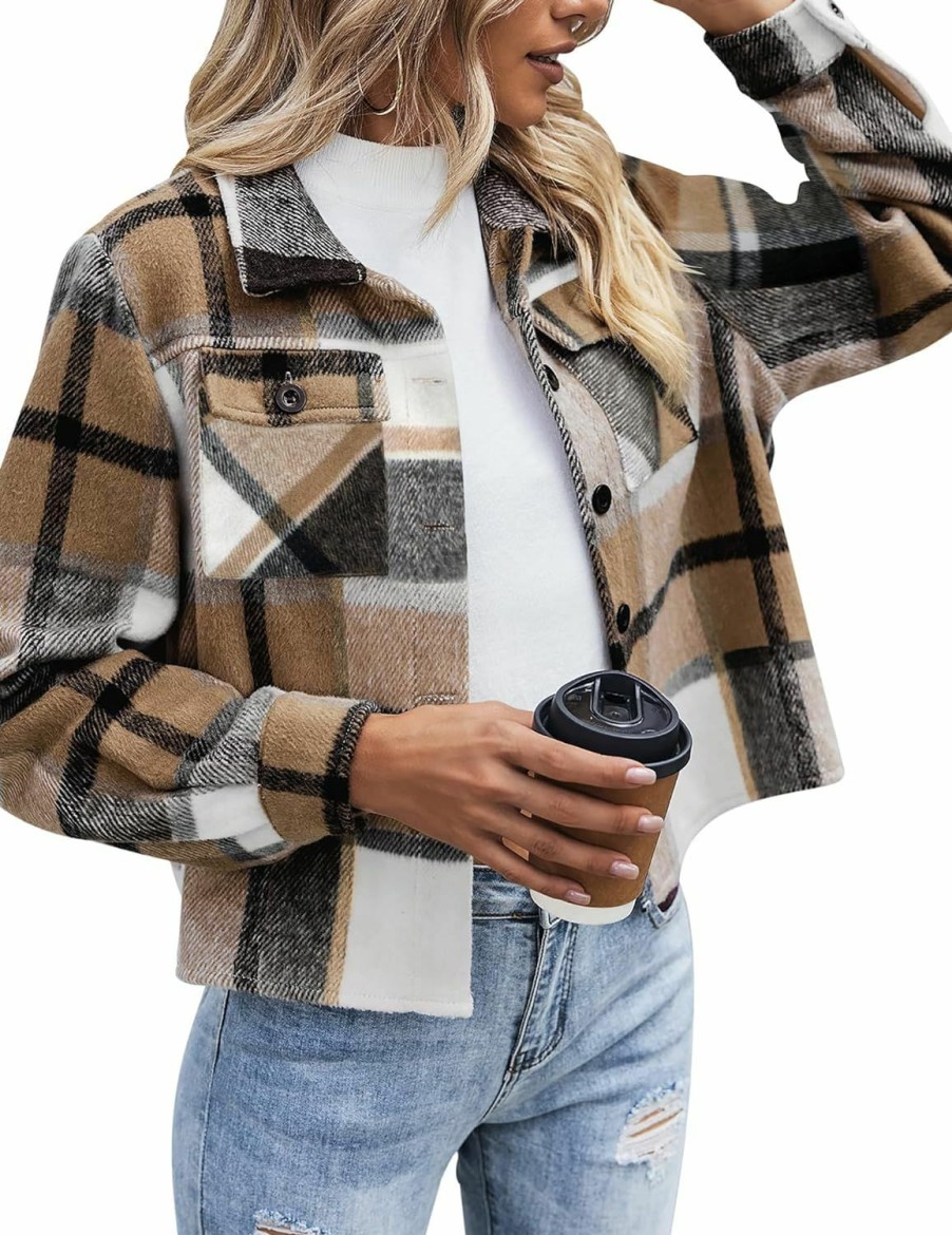 Zeagoo Zeagoo Flannels For Women Cropped Shacket Jacket Fashion Plaid Button Down Shirt 2023 Fall Coat Tops | Coats, Jackets & Vests