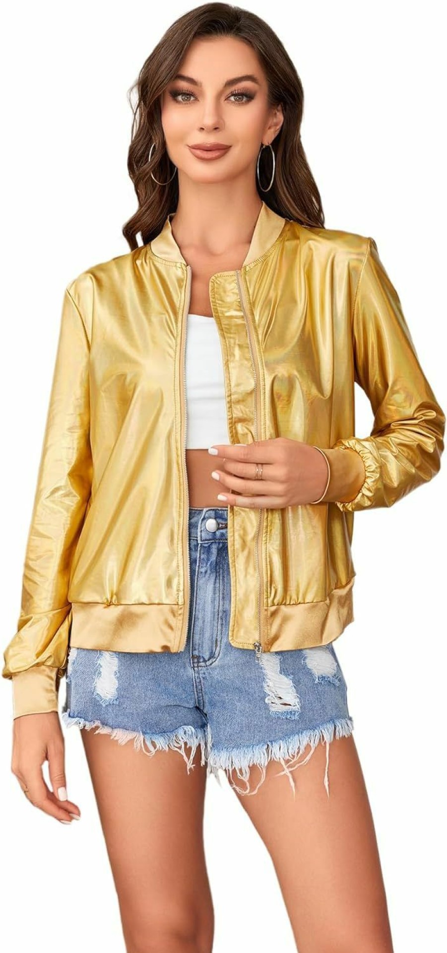 WDIRARA Wdirara Women'S Holographic Zipper Front Long Sleeve Baseball Bomber Jacket Outerwear | Coats, Jackets & Vests