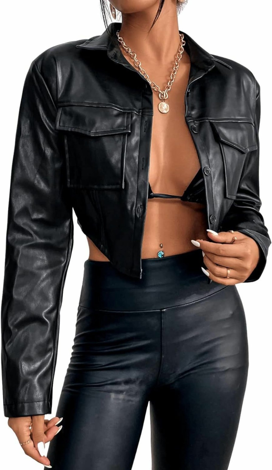 SweatyRocks Sweatyrocks Women'S Pu Leather Cropped Coat Casual Button Front Jacket With Bust Pocket | Coats, Jackets & Vests