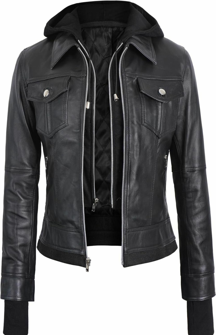 JEES Black Leather Jacket Women With Removable Hood - Real Lambskin Womens Leather Jacket | Coats, Jackets & Vests