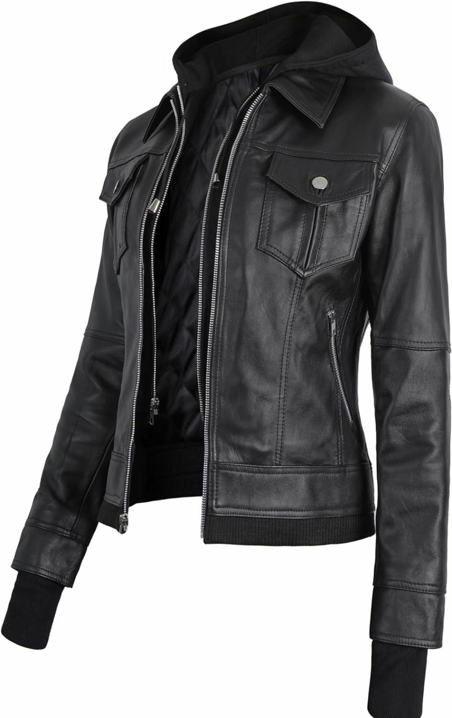 JEES Black Leather Jacket Women With Removable Hood - Real Lambskin Womens Leather Jacket | Coats, Jackets & Vests