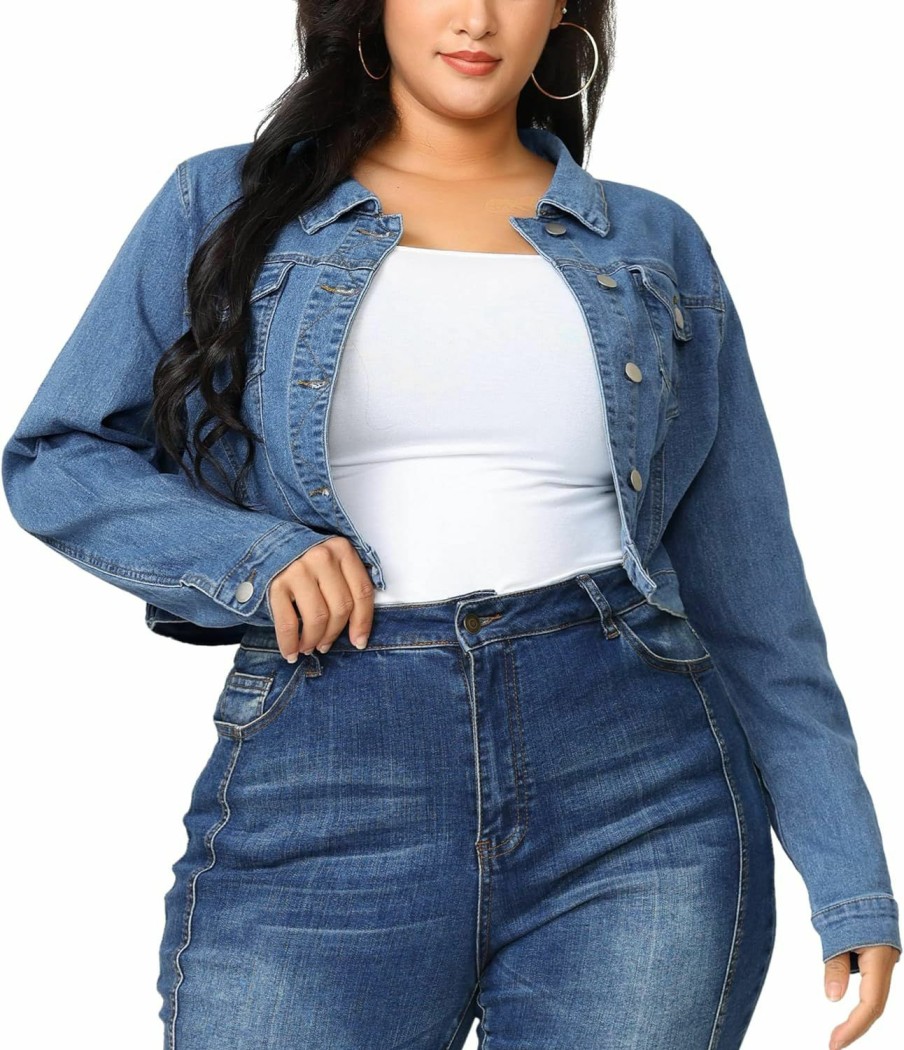 uxcell Uxcell Women'S Plus Size Button Closed Cropped Denim Jackets Stitching 2024 | Coats, Jackets & Vests