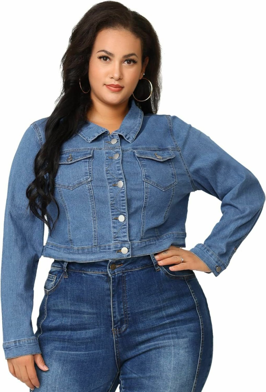 uxcell Uxcell Women'S Plus Size Button Closed Cropped Denim Jackets Stitching 2024 | Coats, Jackets & Vests