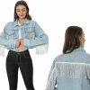 WELLATENT Fringe Denim Jean Jacket Cropped Rhinestone Denim Jacket Distressed Long Sleeve Tassel Jean Coat For Women | Coats, Jackets & Vests