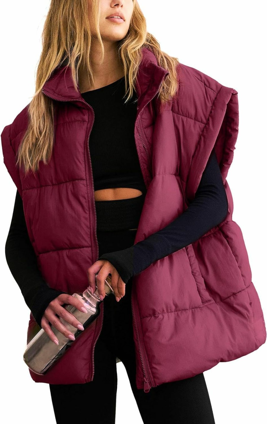 APAFES Apafes Women Winter Oversized Puffer Vest Lightweight Stand Collar Flysleeve Insulated Padded Puffy Jackets Coat With Pockets | Coats, Jackets & Vests