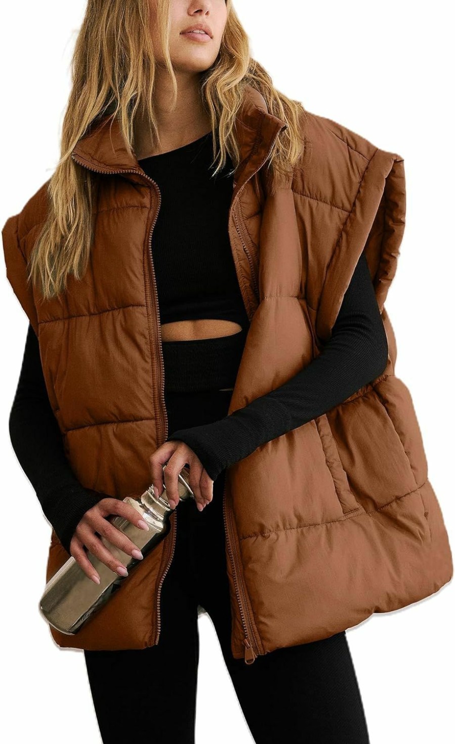 APAFES Apafes Women Winter Oversized Puffer Vest Lightweight Stand Collar Flysleeve Insulated Padded Puffy Jackets Coat With Pockets | Coats, Jackets & Vests