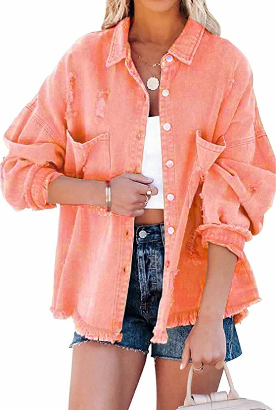 Lumister Lumister Womens Causal Oversized Soft Lightweight Distressed Jean Jacket Ripped Fringe Long Sleeve Denim Jacket Shacket | Coats, Jackets & Vests