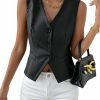 MakeMeChic Makemechic Women'S Pu Leather Sleeveless V Neck Button Front Crop Vest Blazer Waistcoat | Coats, Jackets & Vests