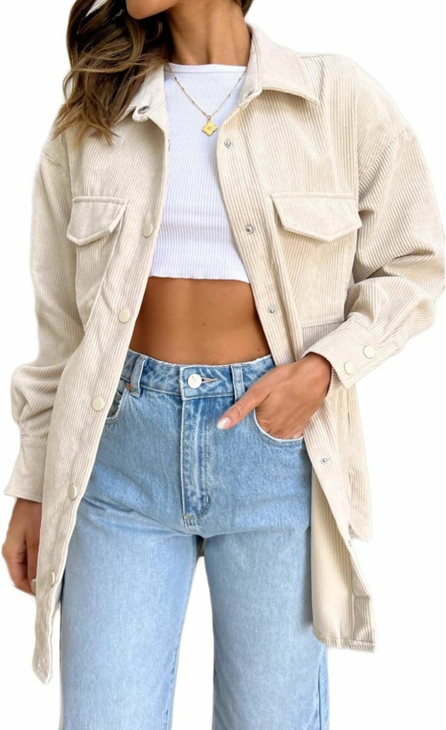 FSHAOES Fshaoes Womens Corduroy Shirts Jacket Casual Snap Button Oversized Long Sleeve Plain Shackets Coats | Coats, Jackets & Vests