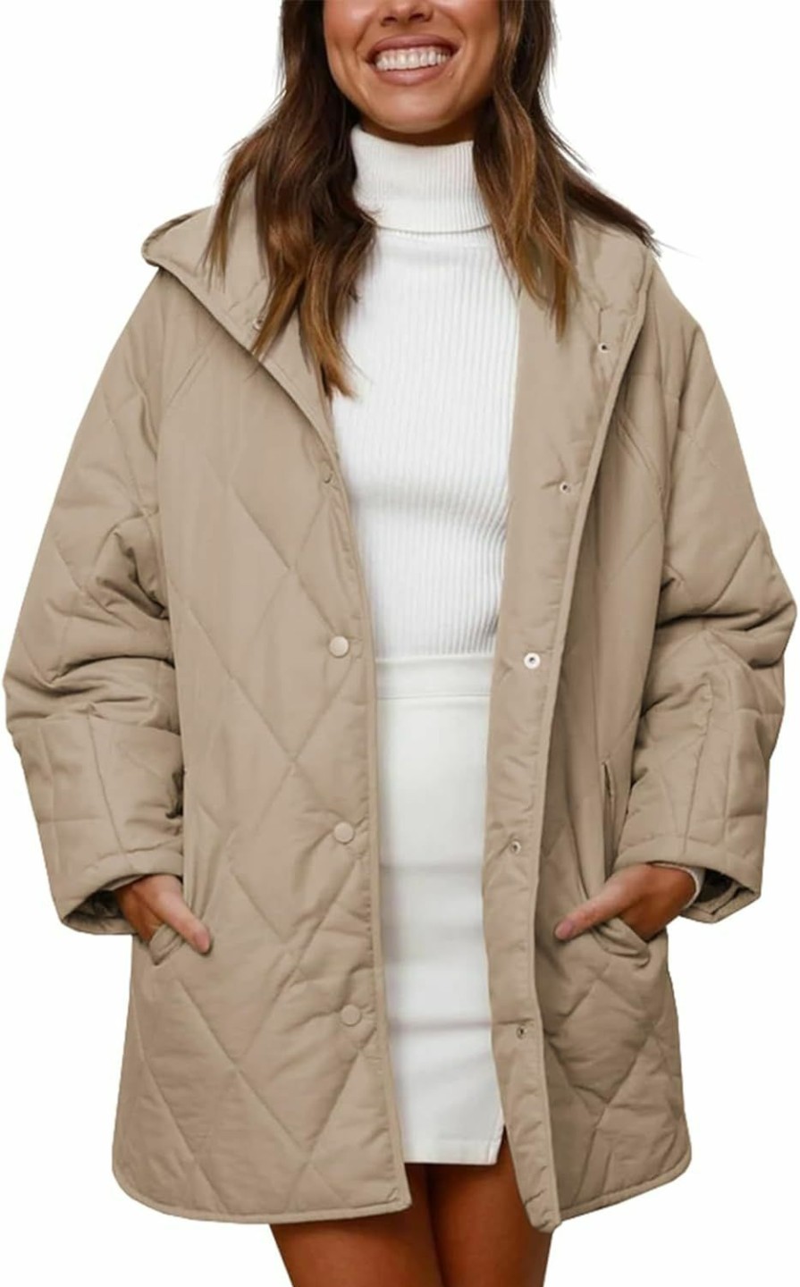 Fisoew Fisoew Womens Oversized Quilted Jackets Casual Hooded Coat Loose Fit Winter Coats With Pockets | Coats, Jackets & Vests