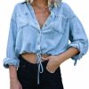 Kwoki Fashion Kwoki Women'S Cropped Denim Shirt Roll Up 3/4 Sleeve Casual Loose Crop Tops Drawstring Hem Button Front Jean Jacket | Coats, Jackets & Vests