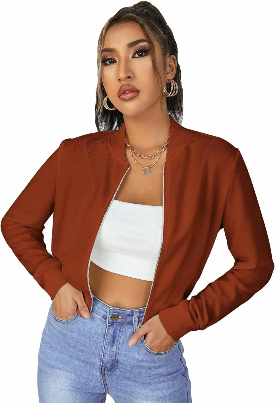 SweatyRocks Sweatyrocks Women'S Casual Long Sleeve Solid Zip Up Coat Crop Bomber Jacket | Coats, Jackets & Vests