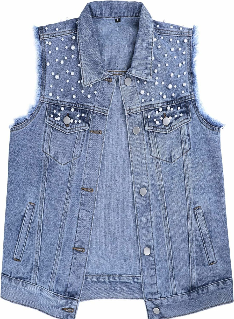 Tanming Tanming Women'S Casual Beading Pearls Denim Vest Sleeveless Denim Jean Jacket Coat | Coats, Jackets & Vests