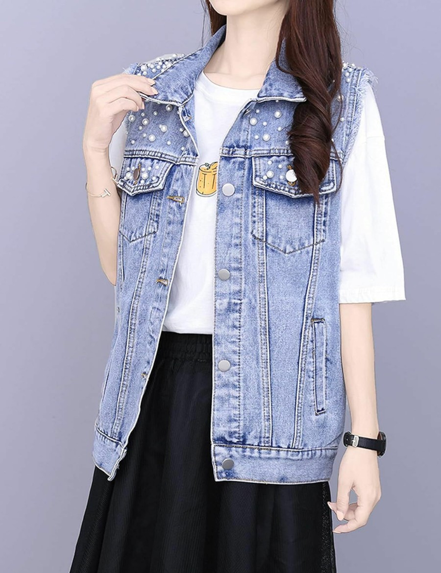 Tanming Tanming Women'S Casual Beading Pearls Denim Vest Sleeveless Denim Jean Jacket Coat | Coats, Jackets & Vests