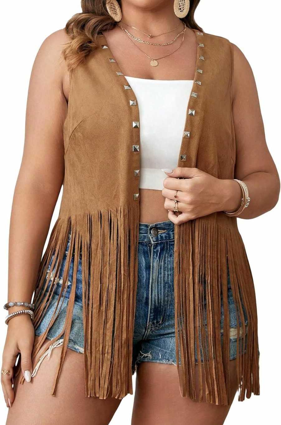 WDIRARA Wdirara Women'S Plus Size Fringe Trim Studded Detail Open Front V Neck Suede Boho Vest Jacket | Coats, Jackets & Vests