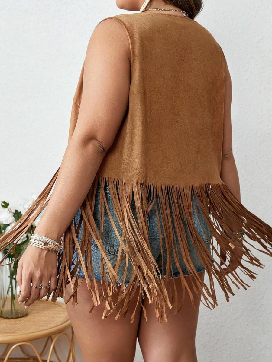 WDIRARA Wdirara Women'S Plus Size Fringe Trim Studded Detail Open Front V Neck Suede Boho Vest Jacket | Coats, Jackets & Vests