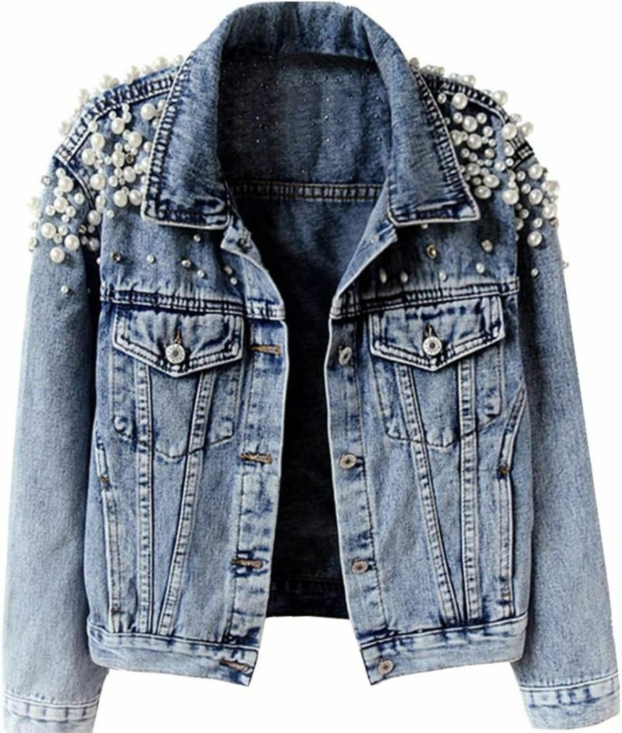 Hixiaohe Hixiaohe Women Loose Embroidered Pearls Beading Cropped Denim Jacket Jean Coat | Coats, Jackets & Vests