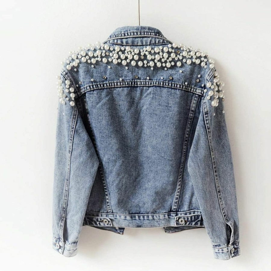 Hixiaohe Hixiaohe Women Loose Embroidered Pearls Beading Cropped Denim Jacket Jean Coat | Coats, Jackets & Vests