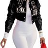 THLAI Thlai Women Varsity Jacket Button Down Cropped Faux Leather Jacket Letter Embroidery Jacket Short Baseball Outwear | Coats, Jackets & Vests