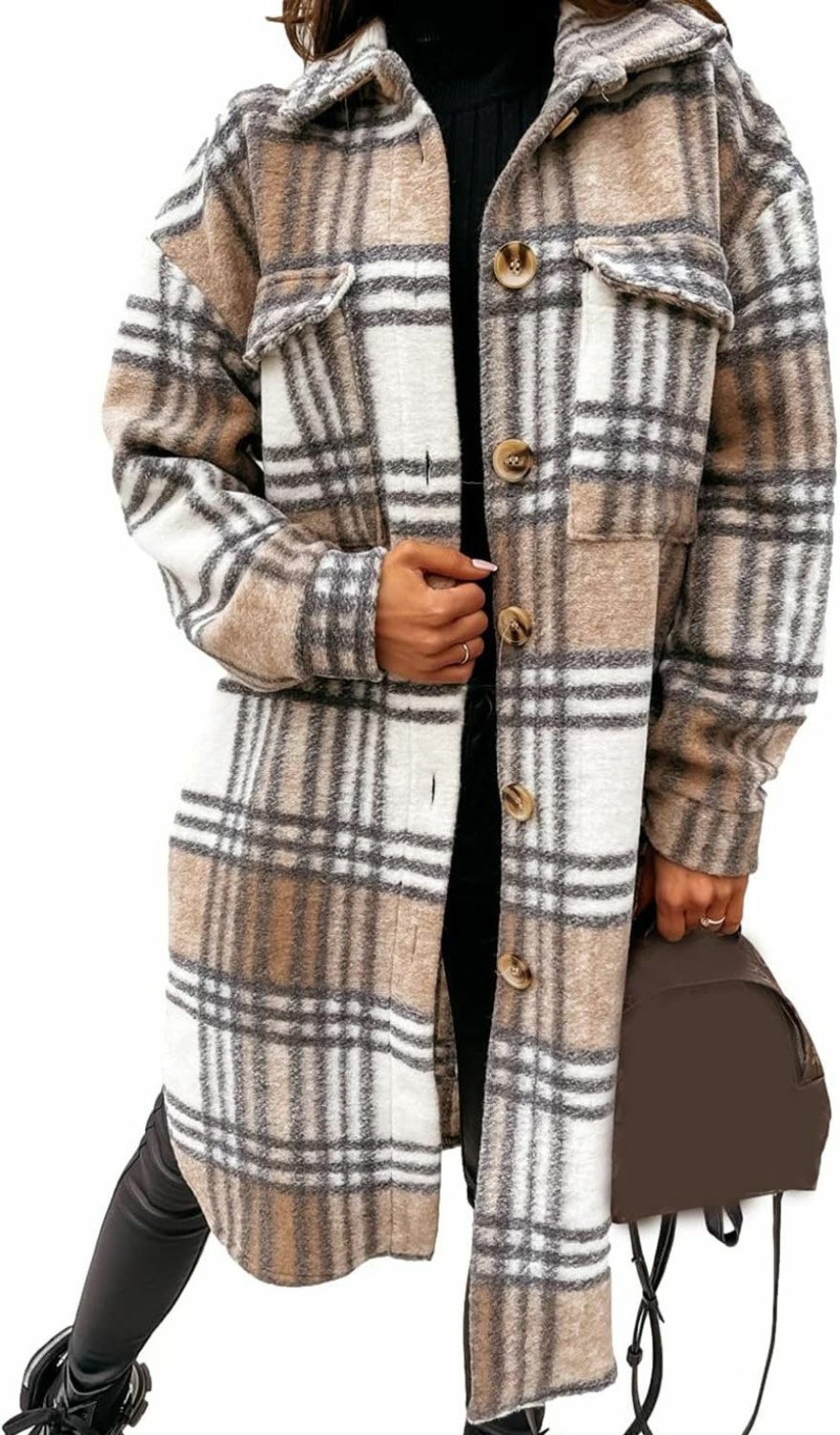 PUWEI Puwei Women'S Long Flannel Plaid Jacket Shacket Cozy Lapel Button Down Shirt Jacket Fuzzy Trench Coat | Coats, Jackets & Vests