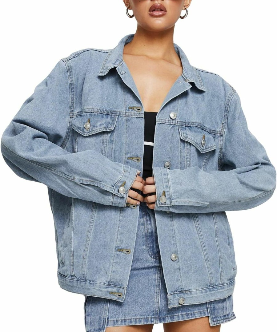 Dilgul Dilgul Women'S Casual Loose Oversized Long Sleeve Denim Jacket Button Jean Jacket Biker Coat | Coats, Jackets & Vests