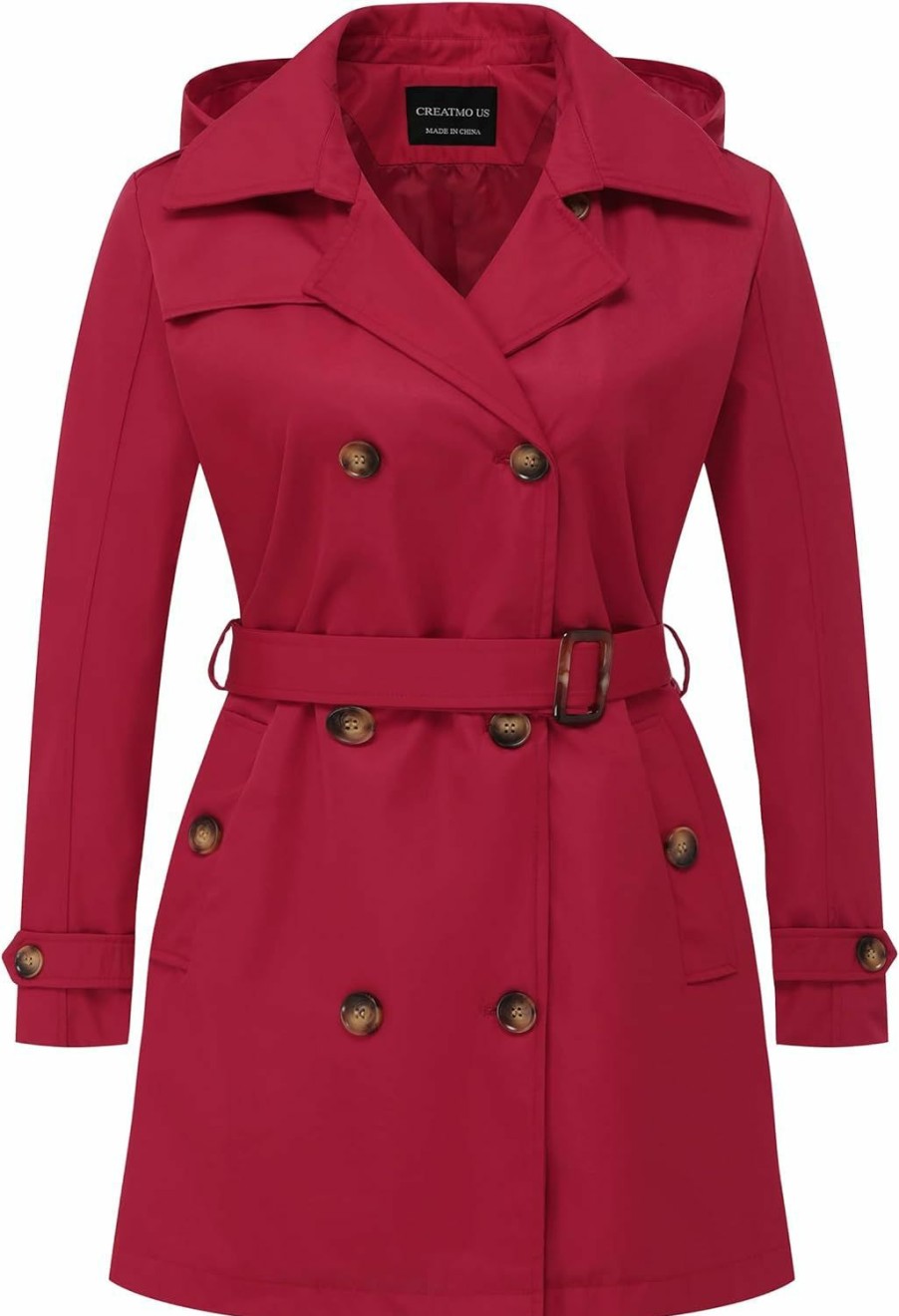 CREATMO US Creatmo Us Women'S Plus Size Trench Coat Double-Breasted Classic Lapel Overcoat Belted Outerwear Coat With Detachable Hood | Coats, Jackets & Vests