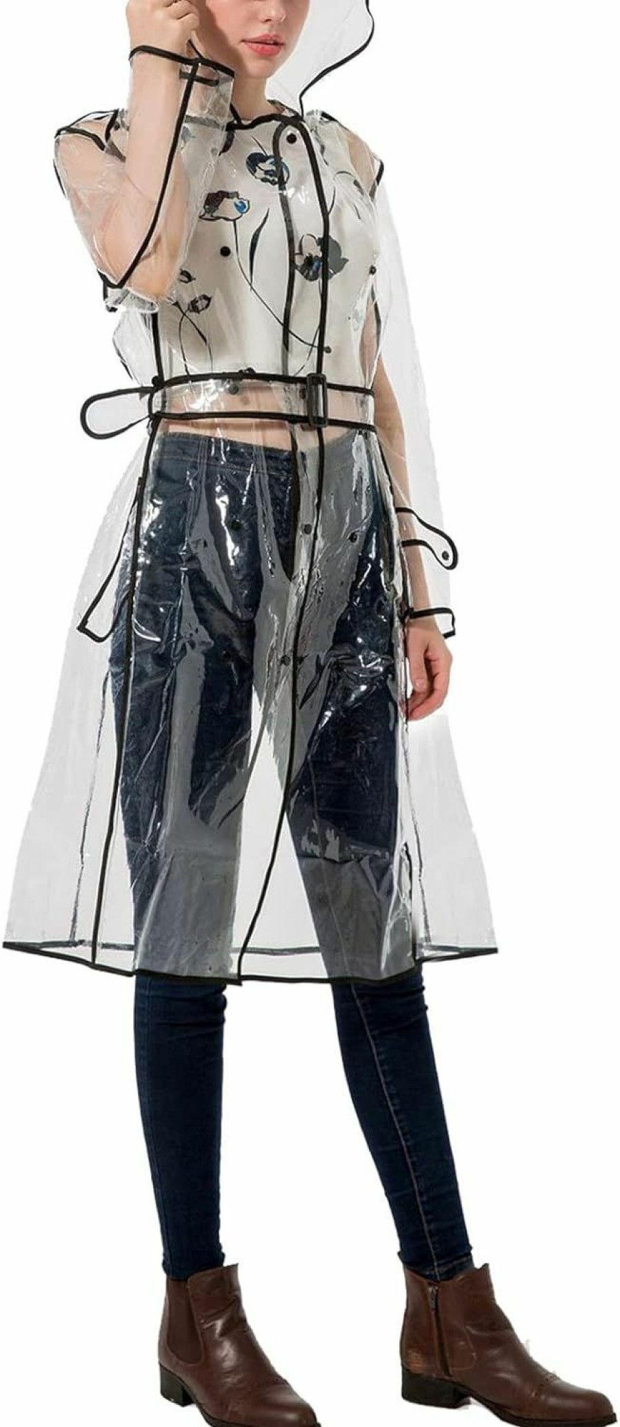 Yuyeran Yuyeran Clear Rain Jacket Clear Raincoats For Women Eva Transparent Raincoat With Belt Lightweight Rainwear Waterproof (Black) | Coats, Jackets & Vests