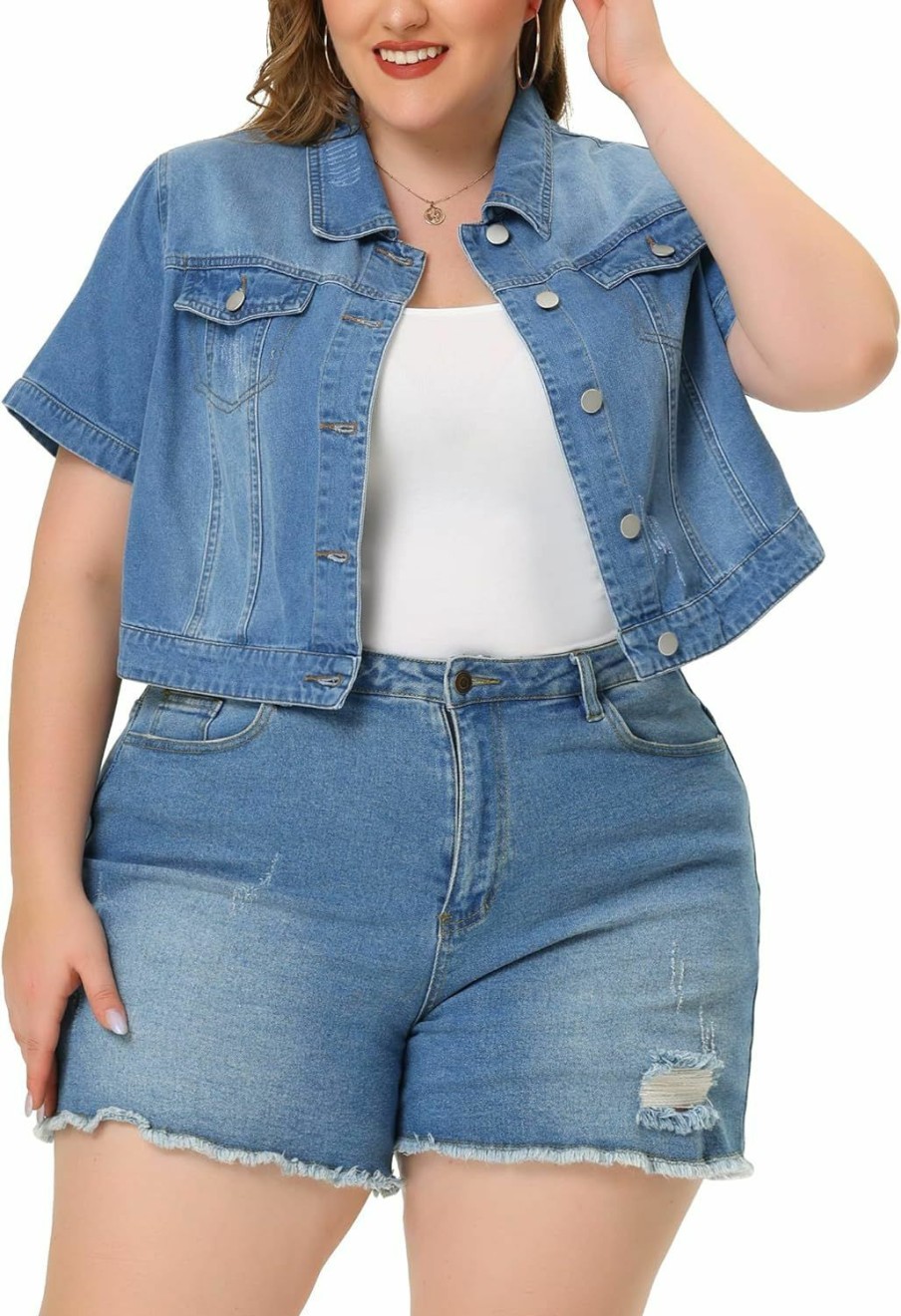 Agnes Orinda Agnes Orinda Plus Size Denim Jacket For Women Short Sleeves Button Down Cropped Jean Jackets | Coats, Jackets & Vests