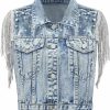 YEXPINE Women'S Pearls Beading Denim Vest Sequin Fringe Sleeveless Jean Jackets Casual Vintage Crop Top Vest | Coats, Jackets & Vests