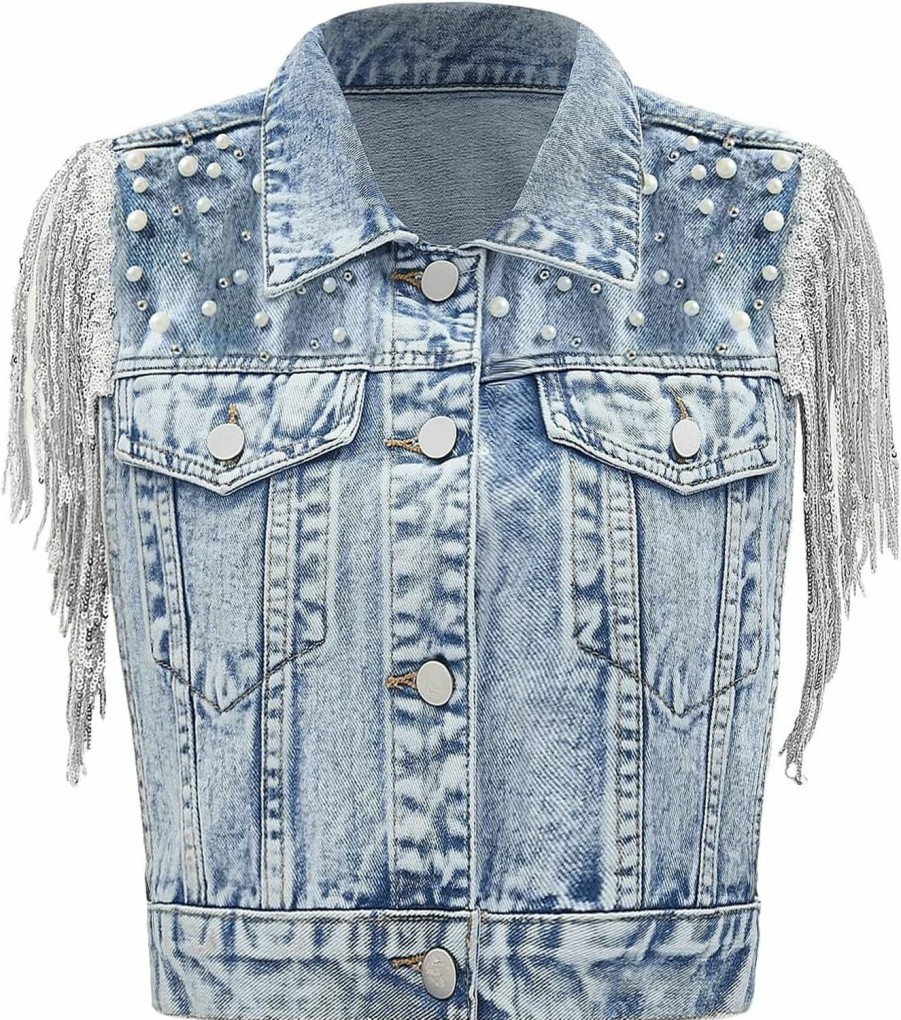 YEXPINE Women'S Pearls Beading Denim Vest Sequin Fringe Sleeveless Jean Jackets Casual Vintage Crop Top Vest | Coats, Jackets & Vests