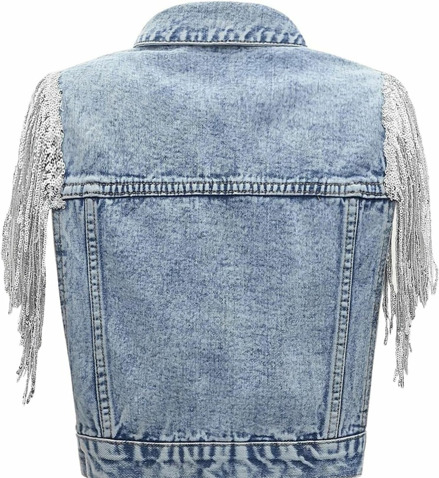 YEXPINE Women'S Pearls Beading Denim Vest Sequin Fringe Sleeveless Jean Jackets Casual Vintage Crop Top Vest | Coats, Jackets & Vests