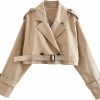 Faleave Womens Cropped Jacket Long Sleeve Belted Trench Coat Solid Color | Coats, Jackets & Vests