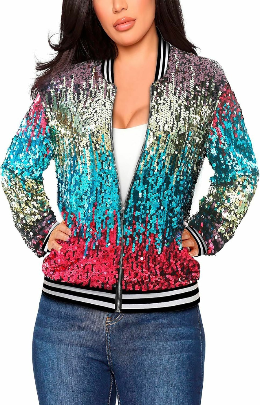 Yutuwomsfushi Women'S Sequin Long Sleeve Front Zip Bomber Jacket With Ribbed Cuffs | Coats, Jackets & Vests