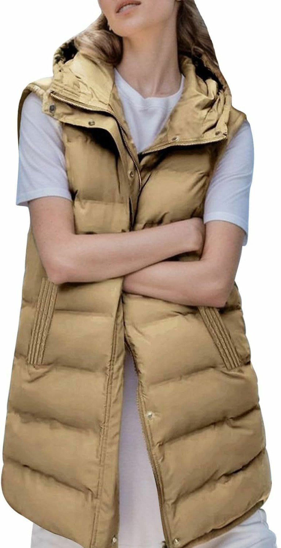 Gihuo Gihuo Women'S Long Puffer Vest Winter Quilted Hooded Sleeveless Zip Up Long Jacket Vest Gilet | Coats, Jackets & Vests