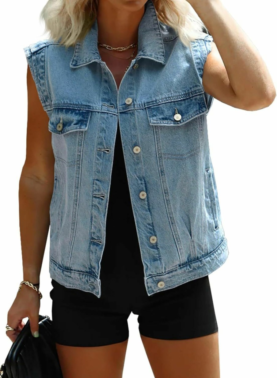 Imily Bela Imily Bela Womens Denim Vest Classic Button Down Sleeveless Jean Jackets Cropped Distressed Vest | Coats, Jackets & Vests