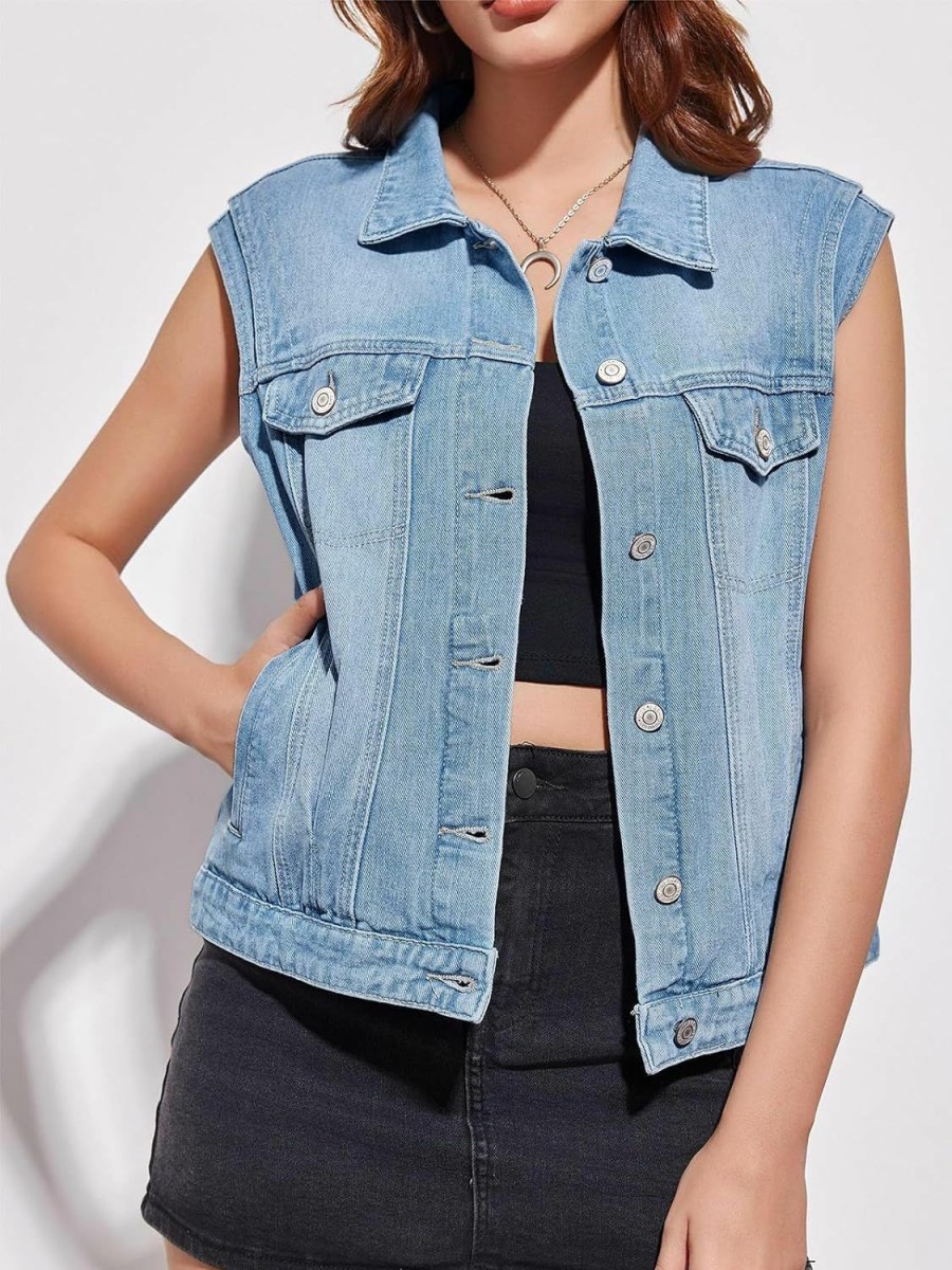 Imily Bela Imily Bela Womens Denim Vest Classic Button Down Sleeveless Jean Jackets Cropped Distressed Vest | Coats, Jackets & Vests