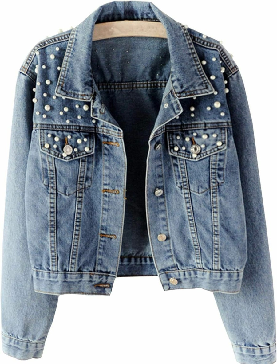 Ainangua Ainangua Cropped Jean Jacket Women'S Pearl Oversized Distressed Short Bridal Embroidered Beading Denim Jacket | Coats, Jackets & Vests