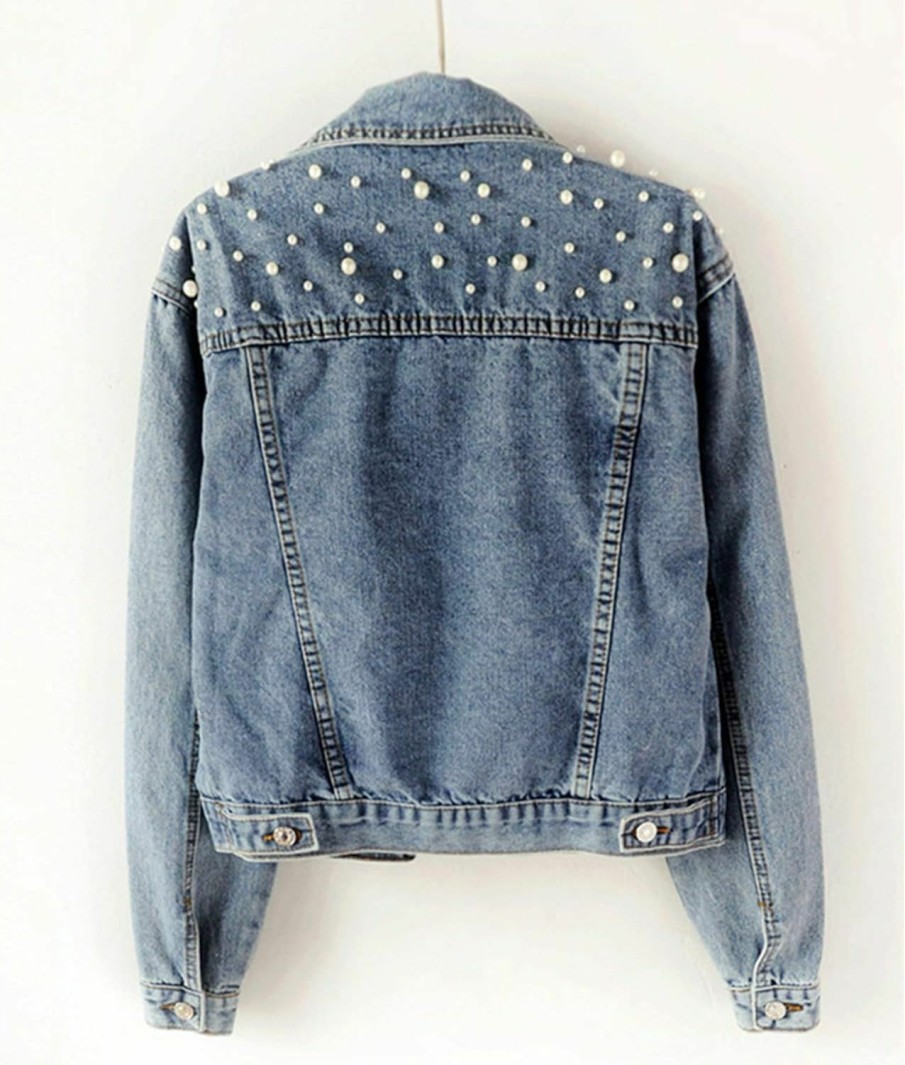 Ainangua Ainangua Cropped Jean Jacket Women'S Pearl Oversized Distressed Short Bridal Embroidered Beading Denim Jacket | Coats, Jackets & Vests